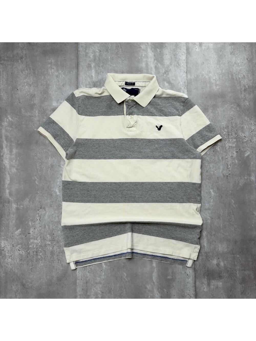 Y2K Gray American Eagle Surf Grunge Striped Skater Polo Shirt